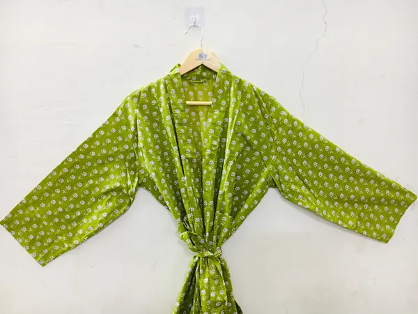 Green_Cotton_Printed_Long_Sleeve_Kimono_Robe_For_Women