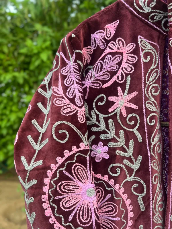 Maroon_Velvet_Embroidered_Jacket_For_Women