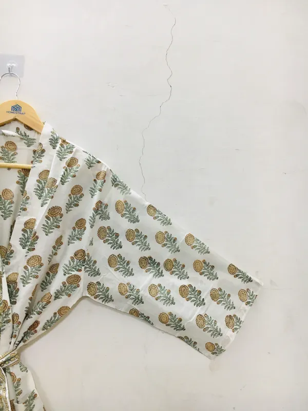 White_Cotton_Botanical_Print_Tie_Waist_Kimono_Robe_For_Women