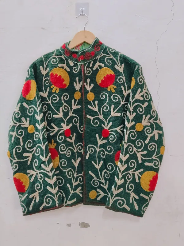 Green_Floral_Embroidered_Stand_Collar_Jacket_For_Women