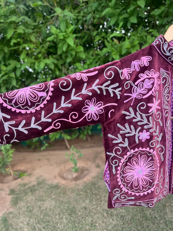 Maroon_Velvet_Embroidered_Jacket_For_Women