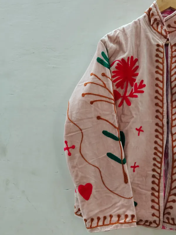 Pink_Velvet_Floral_Embroidered_Zip_Front_Jacket_For_Women