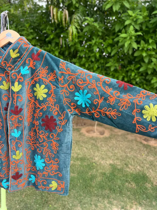 Teal_Velvet_Floral_Embroidered_Full_Sleeve_Jacket_For_Women