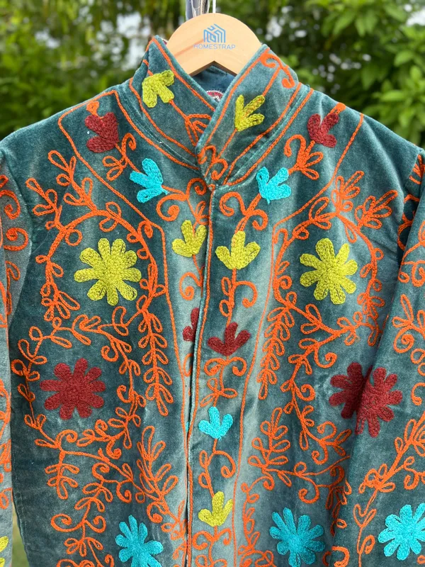 Teal_Velvet_Floral_Embroidered_Full_Sleeve_Jacket_For_Women