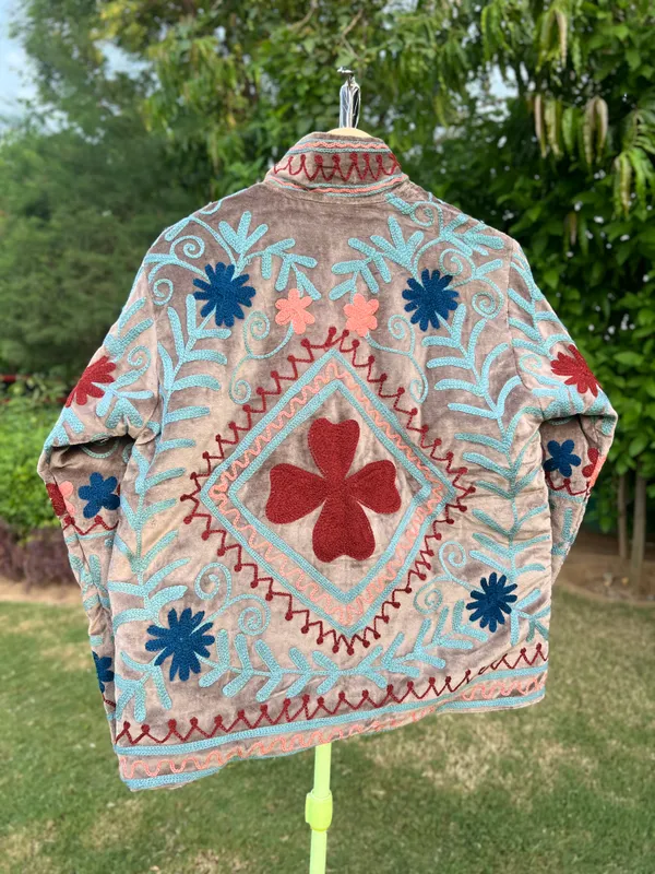 Beige_Velvet_Embroidered_Front_Open_Jacket_For_Women