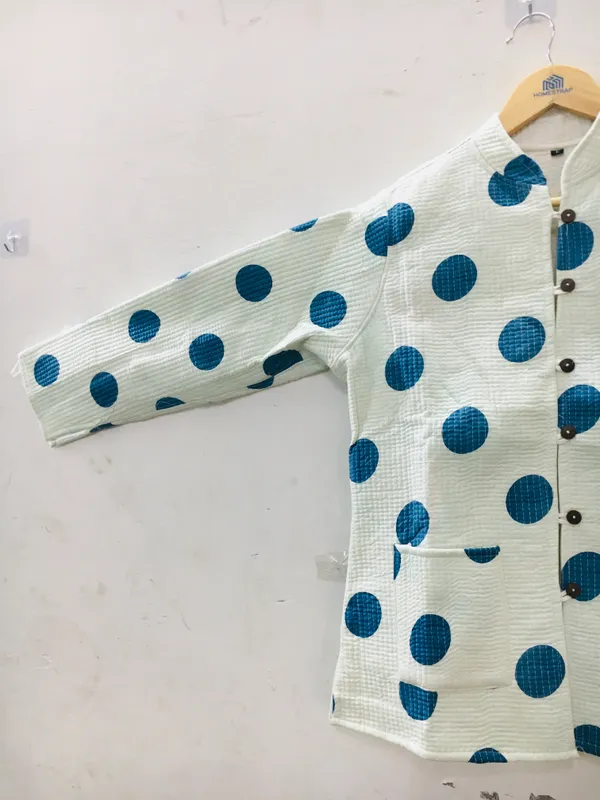 White_Cotton_Polka_Dot_Mandarin_Collar_Shirt_For_Women