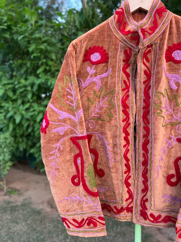 Rust_Velvet_Floral_Embroidered_Bandhgala_Jacket_For_Women