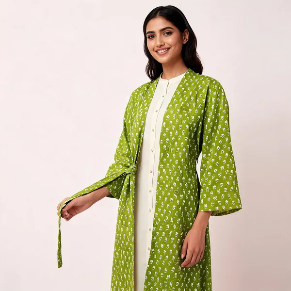 Green_Cotton_Printed_Long_Sleeve_Kimono_Robe_For_Women