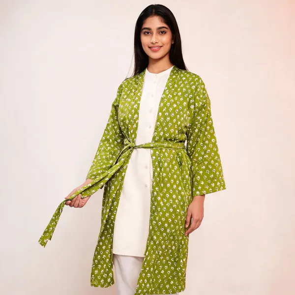 Green_Cotton_Printed_Long_Sleeve_Kimono_Robe_For_Women