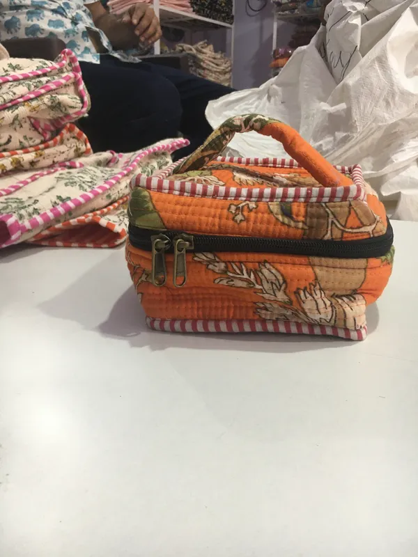 Orange_Cotton_Quilted_Floral_Print_Zipper_Makeup_Pouch_For_Women