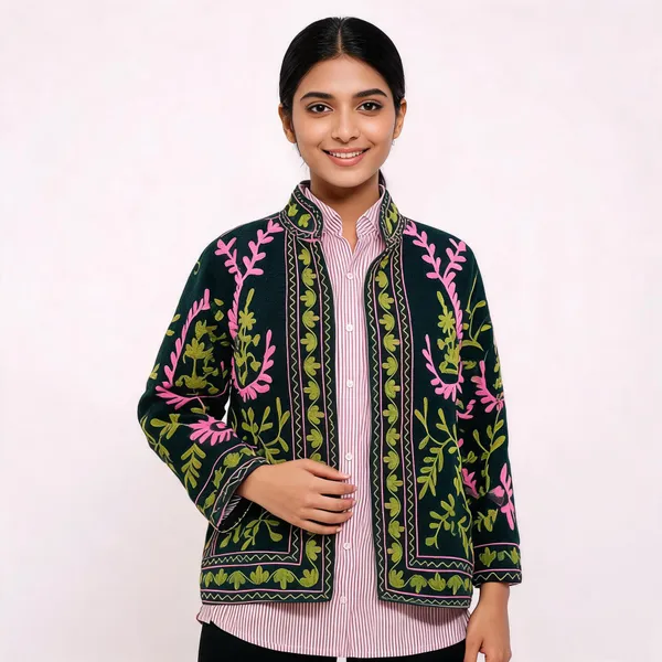 Dark_Green_Floral_Embroidered_Full_Sleeve_Jacket_For_Women