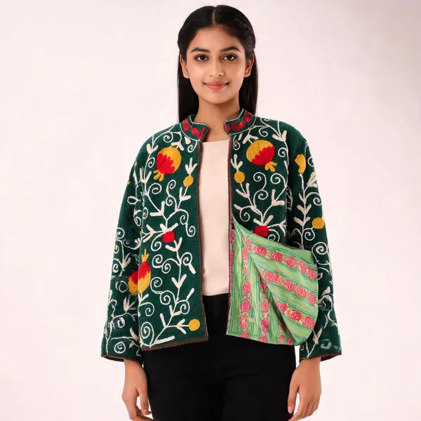 Green_Floral_Embroidered_Stand_Collar_Jacket_For_Women