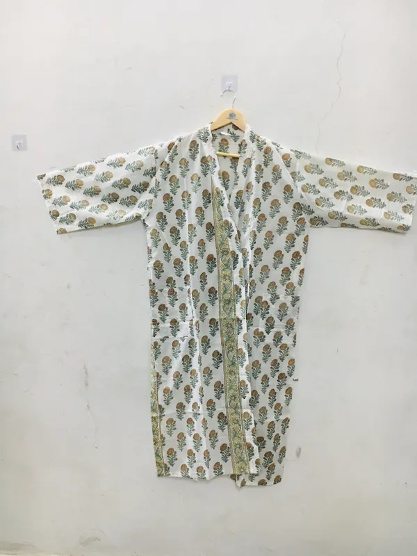 White_Cotton_Botanical_Print_Tie_Waist_Kimono_Robe_For_Women