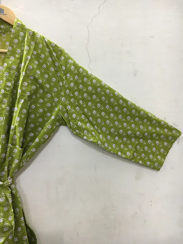 Green_Cotton_Floral_Print_Straight_Kimono_Robe_For_Women
