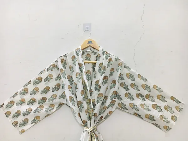 White_Cotton_Botanical_Print_Tie_Waist_Kimono_Robe_For_Women