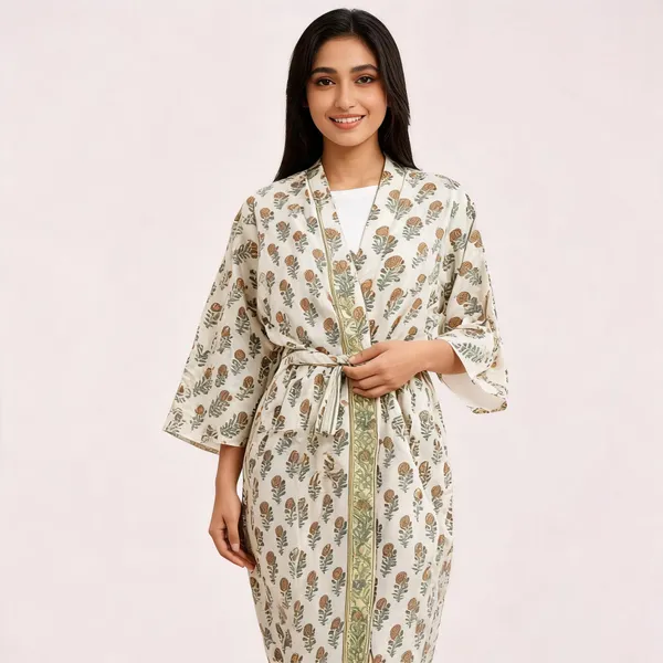 White_Cotton_Botanical_Print_Tie_Waist_Kimono_Robe_For_Women