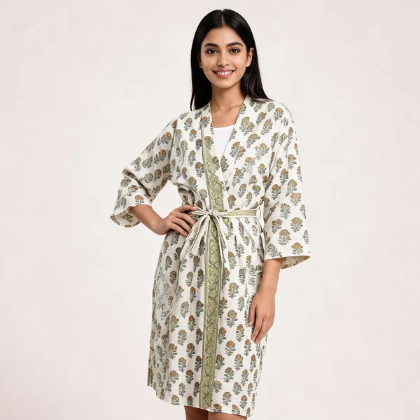 White_Cotton_Botanical_Print_Tie_Waist_Kimono_Robe_For_Women