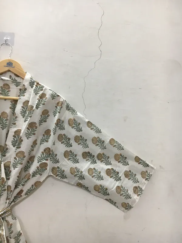 White_Cotton_Floral_Print_Tie_Waist_Kimono_Robe_For_Women