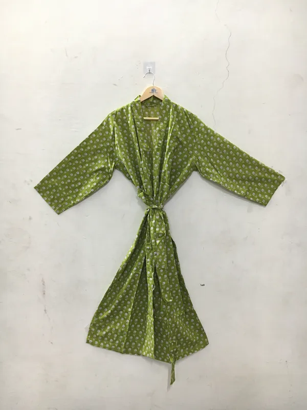 Green_Cotton_Floral_Print_Straight_Kimono_Robe_For_Women