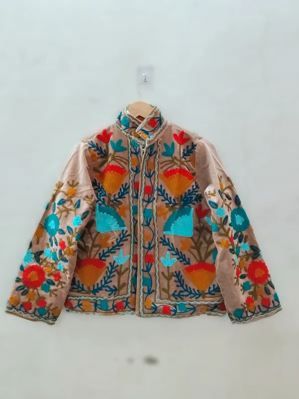 Beige_Velvet_Floral_Embroidered_Zip_Front_Jacket_For_Women