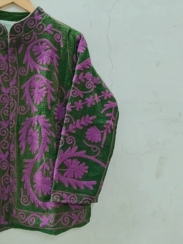 Green_Floral_Embroidered_Open_Front_Jacket_For_Women