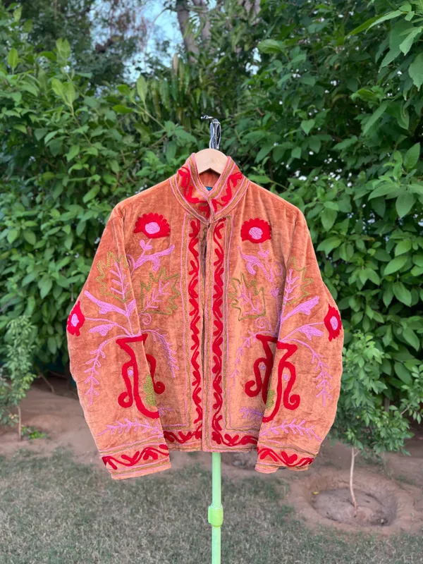 Rust_Velvet_Floral_Embroidered_Bandhgala_Jacket_For_Women