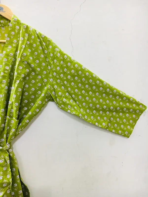 Green_Cotton_Printed_Long_Sleeve_Kimono_Robe_For_Women