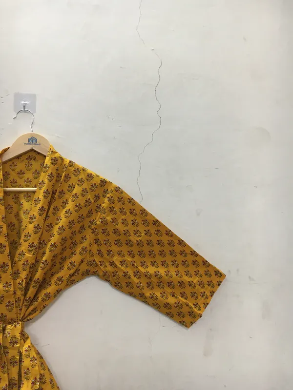 Mustard_Cotton_Floral_Print_Tie_Waist_Kimono_Robe_For_Women