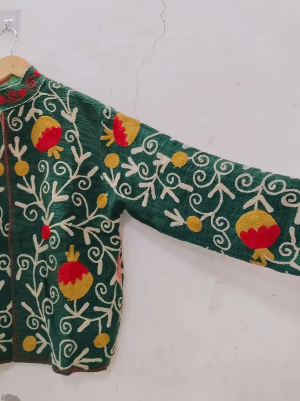Green_Floral_Embroidered_Stand_Collar_Jacket_For_Women