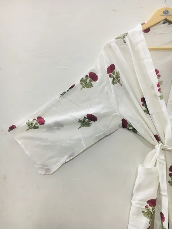 White_Cotton_Floral_Print_Tie_Waist_Kimono_Robe_For_Women