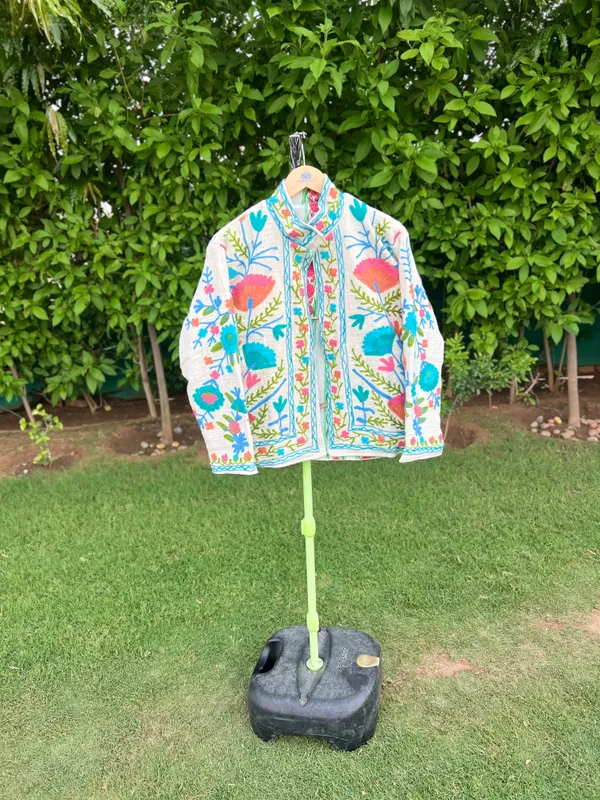 White_Floral_Embroidered_Open_Front_Jacket_For_Women