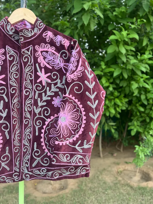 Maroon_Velvet_Embroidered_Jacket_For_Women