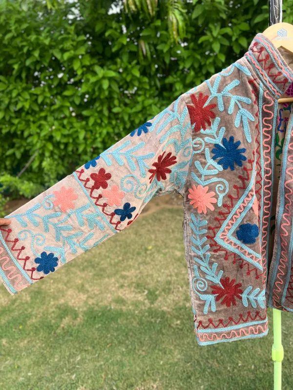 Beige_Velvet_Embroidered_Front_Open_Jacket_For_Women