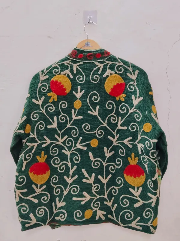 Green_Floral_Embroidered_Stand_Collar_Jacket_For_Women