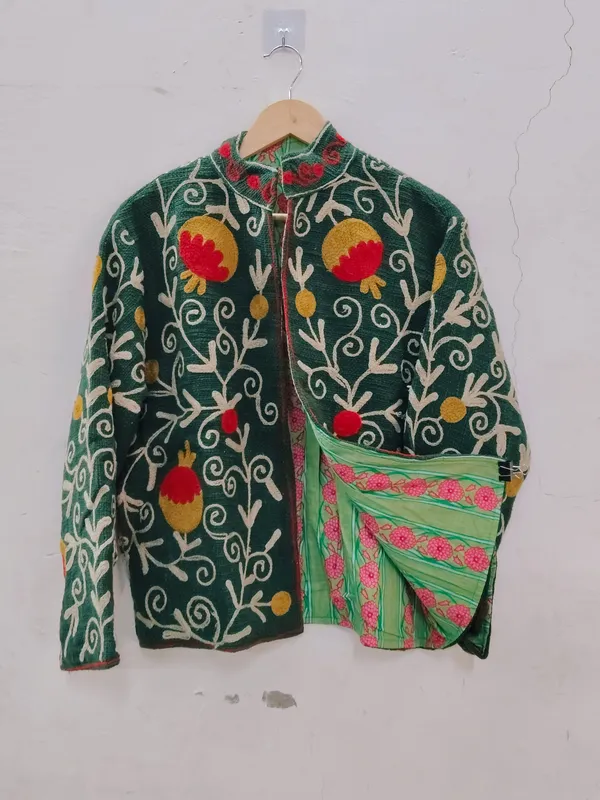 Green_Floral_Embroidered_Stand_Collar_Jacket_For_Women