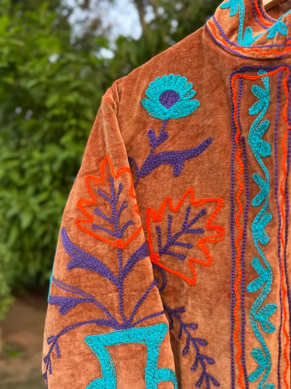 Orange_Velvet_Embroidered_Jacket_For_Women