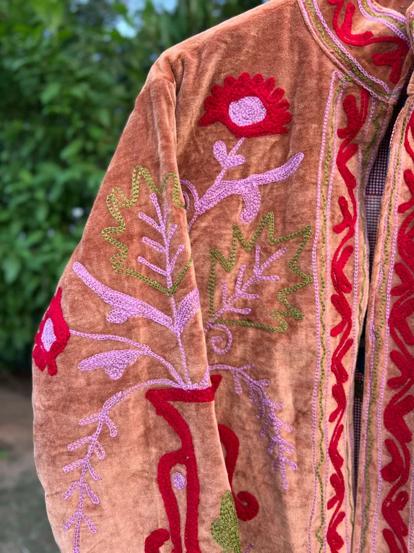 Rust_Velvet_Floral_Embroidered_Bandhgala_Jacket_For_Women