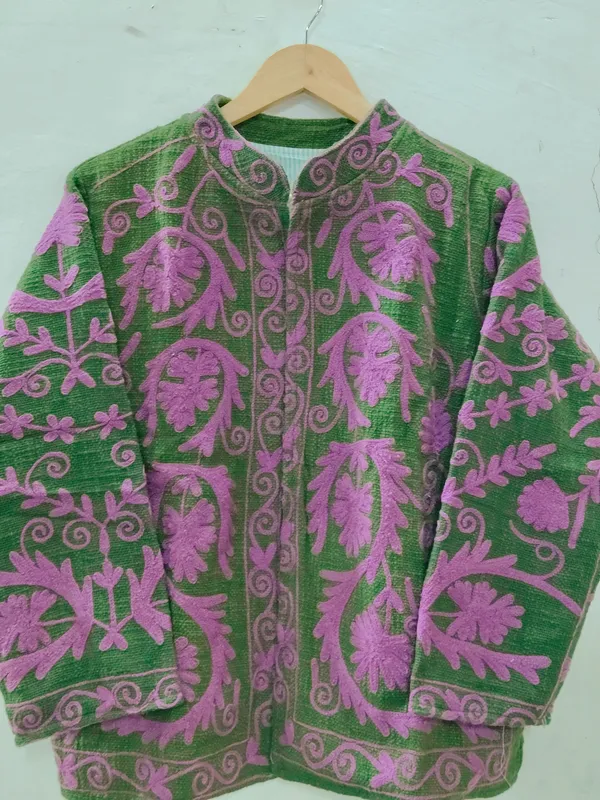 Green_Floral_Embroidered_Open_Front_Jacket_For_Women