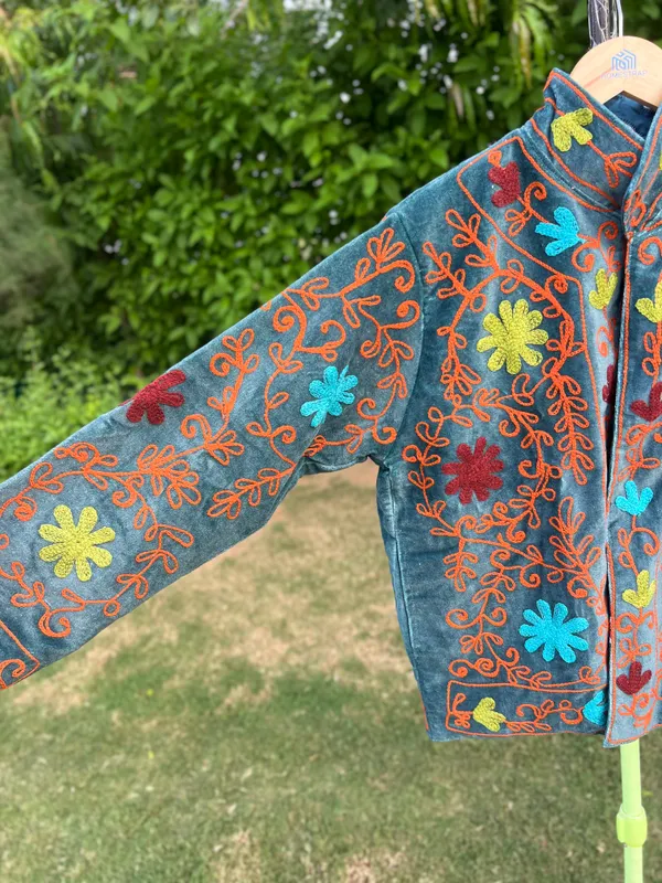 Teal_Velvet_Floral_Embroidered_Full_Sleeve_Jacket_For_Women