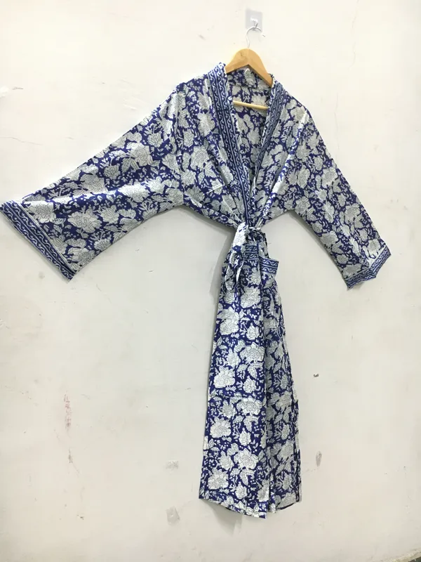 Blue_Cotton_Floral_Print_Open_Front_Kimono_Robe_For_Women