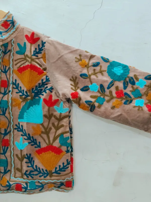 Beige_Velvet_Floral_Embroidered_Zip_Front_Jacket_For_Women