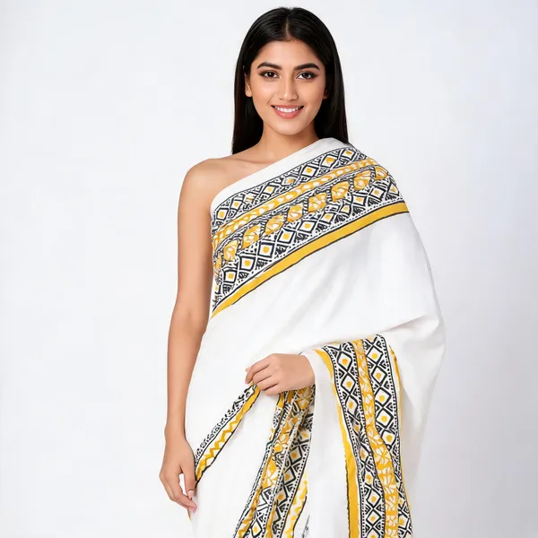White_Cotton_Geometric_Print_Saree_For_Women
