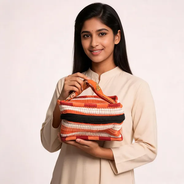 Orange_Cotton_Striped_Zipper_Lunch_Bag_For_Women