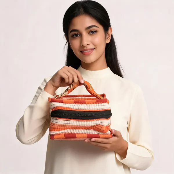 Orange_Cotton_Striped_Zipper_Lunch_Bag_For_Women