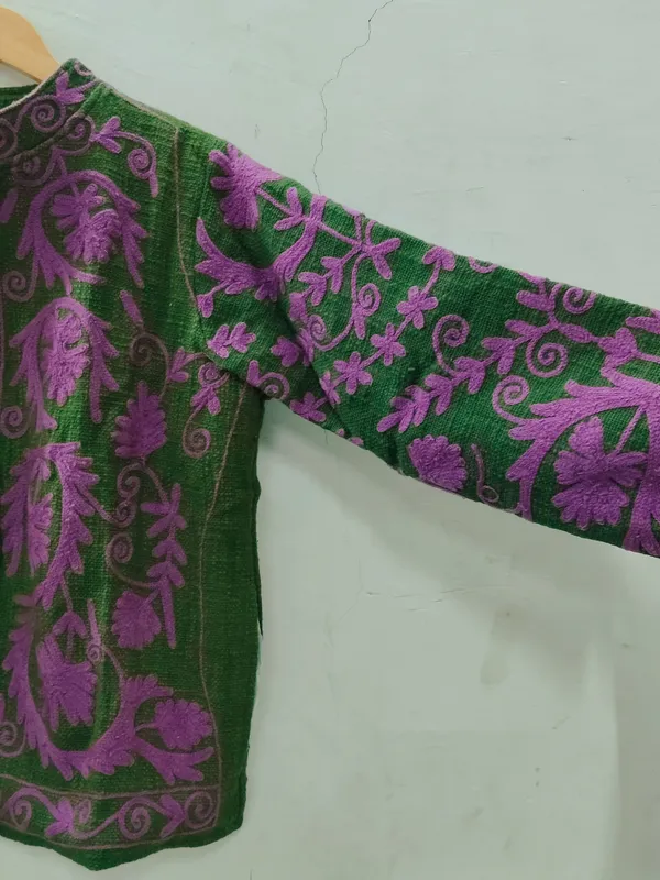 Green_Floral_Embroidered_Open_Front_Jacket_For_Women