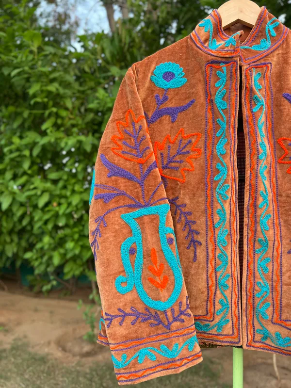 Orange_Velvet_Embroidered_Jacket_For_Women