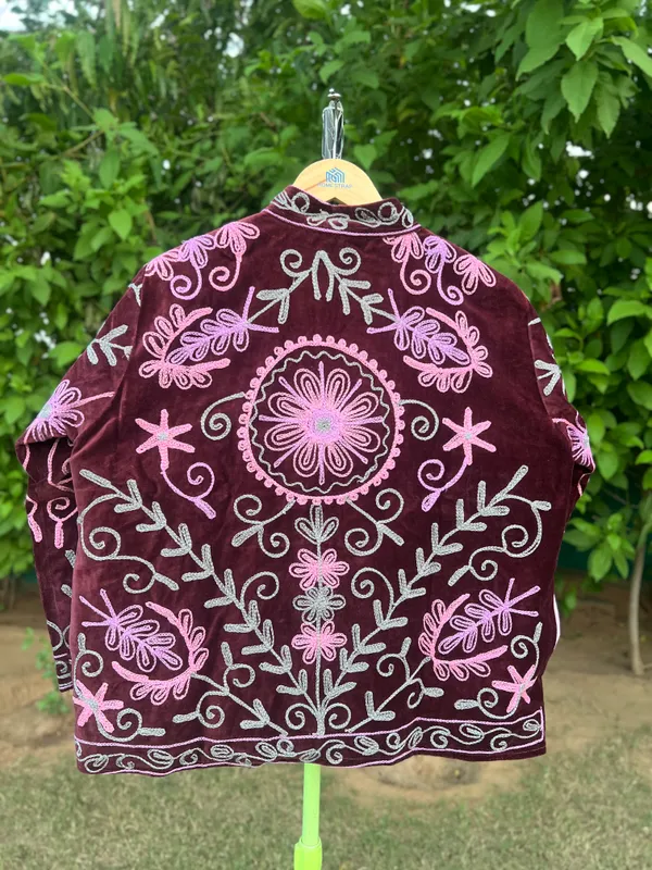 Maroon_Velvet_Embroidered_Jacket_For_Women