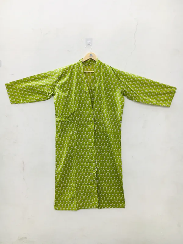 Green_Cotton_Printed_Long_Sleeve_Kimono_Robe_For_Women