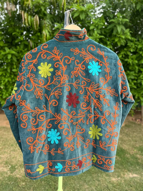 Teal_Velvet_Floral_Embroidered_Full_Sleeve_Jacket_For_Women