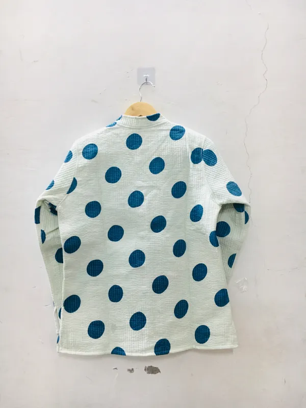 White_Cotton_Polka_Dot_Mandarin_Collar_Shirt_For_Women